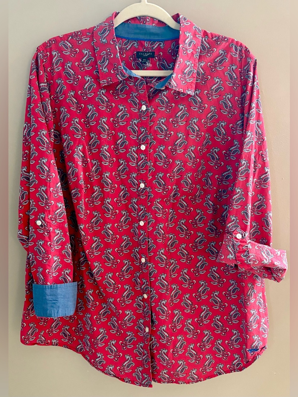 Talbots 18W Red Paisley Casual Button-Down Shirt with Blue Contrast Details